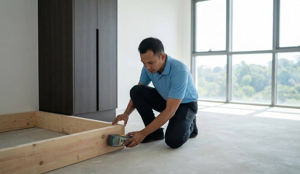 Professional moisture inspection and pest assessment for new built-in carpentry in an HDB BTO flat to prevent booklice and termites.