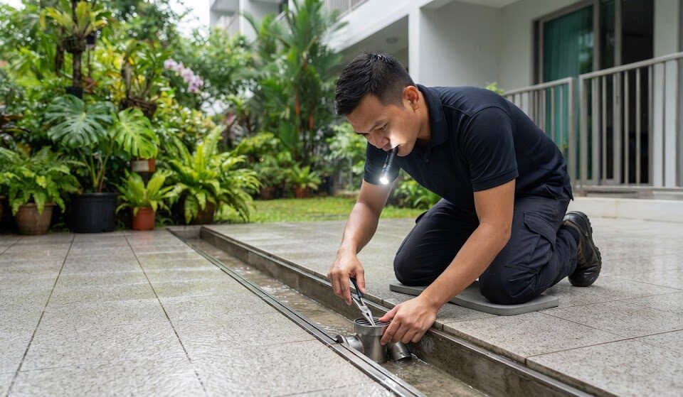 Vector control technician installing a stainless steel rat exclusion valve in a ground-floor drain during inter-monsoon season in Singapore.
