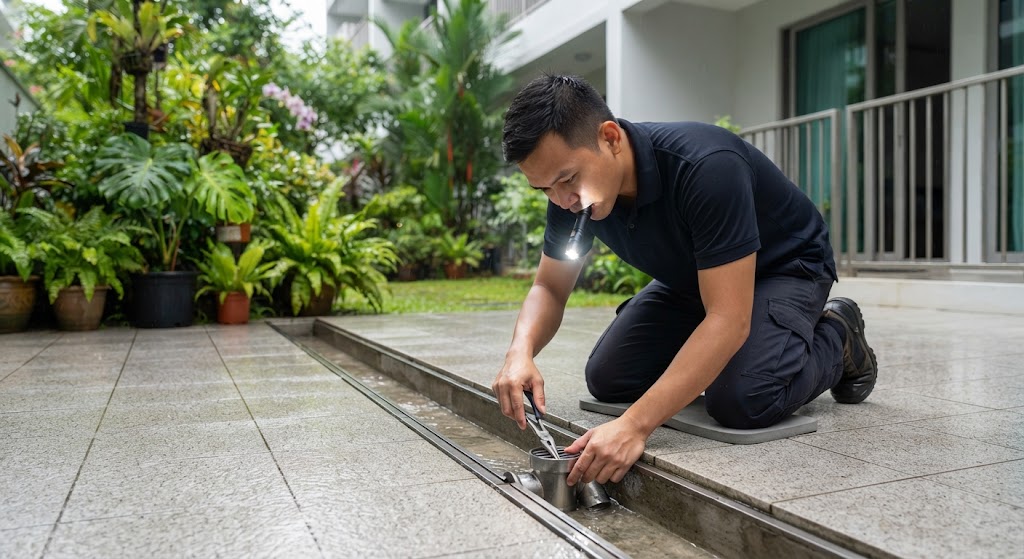 Vector control technician installing a stainless steel rat exclusion valve in a ground-floor drain during inter-monsoon season in Singapore.