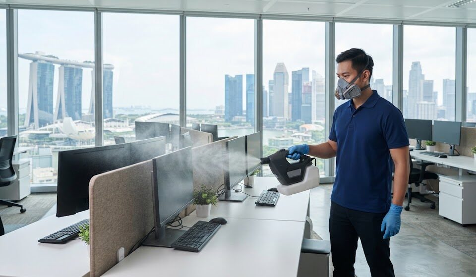 Commercial disinfection technician sanitizing a corporate office in Singapore with an electrostatic sprayer to prevent seasonal flu outbreaks.