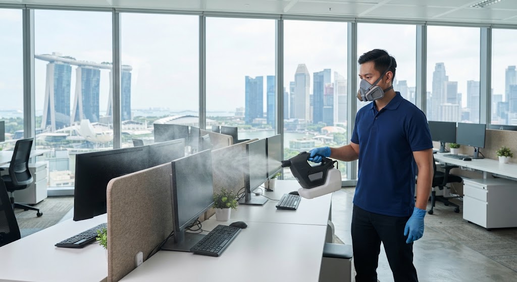 Commercial disinfection technician sanitizing a corporate office in Singapore with an electrostatic sprayer to prevent seasonal flu outbreaks.