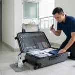 Professional post-travel luggage inspection and thermal decontamination protocol in a Singapore apartment to prevent bed bugs.