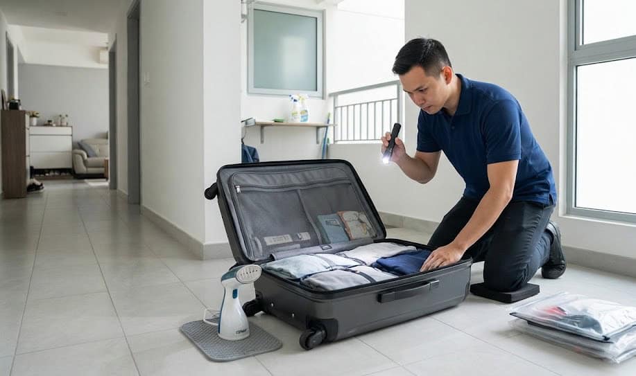 Professional post-travel luggage inspection and thermal decontamination protocol in a Singapore apartment to prevent bed bugs.