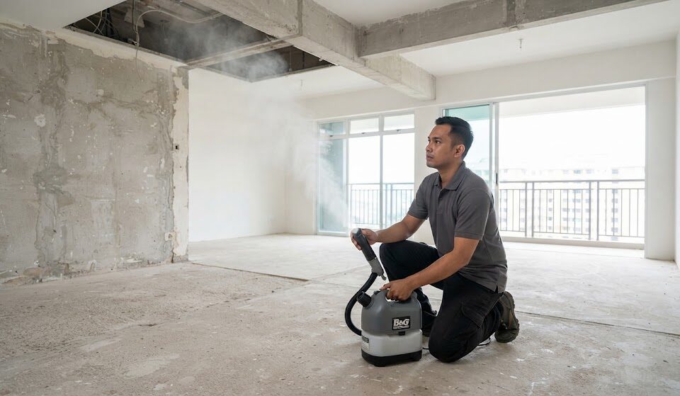 Professional vector control technician conducting pre-renovation ULV misting and fumigation in a resale Singapore apartment.
