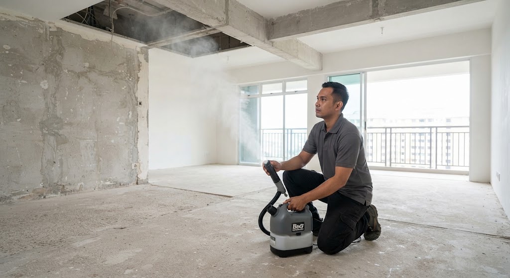 Professional vector control technician conducting pre-renovation ULV misting and fumigation in a resale Singapore apartment.