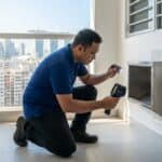 Vector control specialist inspecting an HDB refuse chute seal during high heat to prevent cockroach and rodent migration.