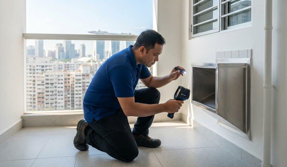 Vector control specialist inspecting an HDB refuse chute seal during high heat to prevent cockroach and rodent migration.