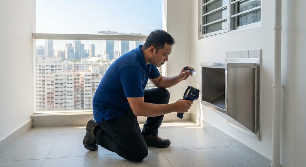 Vector control specialist inspecting an HDB refuse chute seal during high heat to prevent cockroach and rodent migration.