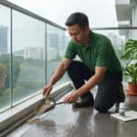 Vector control technician applying BTI larvicide along a condominium balcony drainage channel to prevent Aedes mosquito breeding during monsoon season.