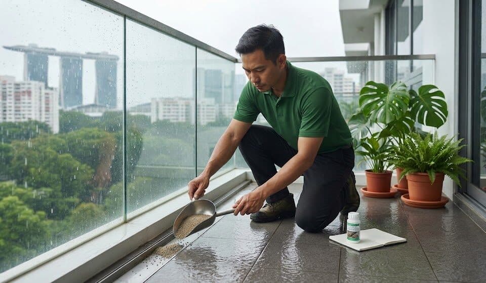 Vector control technician applying BTI larvicide along a condominium balcony drainage channel to prevent Aedes mosquito breeding during monsoon season.
